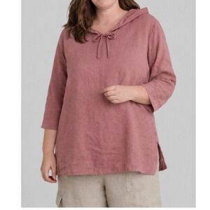 FLAX 100% Linen‎ Hooded Tunic Top Mauve Rose Relaxed Fit
